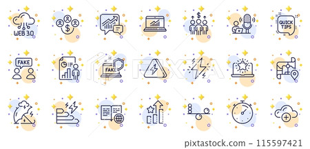 Outline set of Internet book, Balance and Timer line icons for web app. Include Best laptop, Power, Business report pictogram icons. Accounting, Consumption growth, Ranking stars signs. Vector 115597421