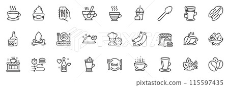 Icons pack as Restaurant app, Coffee beans and Teacup line icons for app include Ice cream, Cafe creme, Whiskey glass outline thin icon web set. Coffee shop, Chef. Restaurant app outline sign. Vector Icons pack as Restaurant app, Coffee beans and Teacup line icons for app include Ice cream, Cafe creme, Whiskey glass outline thin icon web set. Coffee shop, Chef. Restaurant app outline sign. Vector 115597435