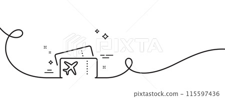 Boarding pass line icon. Continuous one line with curl. Airplane tickets sign. Check in flight symbol. Boarding pass single outline ribbon. Loop curve pattern. Vector Boarding pass line icon. Continuous one line with curl. Airplane tickets sign. Check in flight symbol. Boarding pass single outline ribbon. Loop curve pattern. Vector 115597436