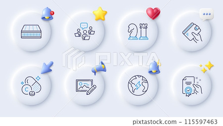 Vitamin c, Wallet and Teamwork line icons. Buttons with 3d bell, chat speech, cursor. Pack of Electricity, Chess, Mattress icon. Photo edit, Certificate pictogram. For web app, printing. Vector Vitamin c, Wallet and Teamwork line icons. Buttons with 3d bell, chat speech, cursor. Pack of Electricity, Chess, Mattress icon. Photo edit, Certificate pictogram. For web app, printing. Vector 115597463