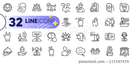 Outline set of Brand ambassador, Social distance and Alarm clock line icons for web with Shipping support, Victory hand, Strong arm thin icon. Teamwork question, Restaurant food. Vector Outline set of Brand ambassador, Social distance and Alarm clock line icons for web with Shipping support, Victory hand, Strong arm thin icon. Teamwork question, Restaurant food. Vector 115597470