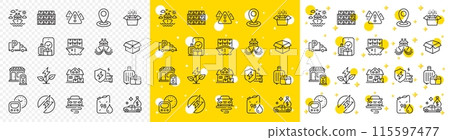 Outline Home moving, Car charging and Metro line icons pack for web with Eco power, Route, Truck parking line icon. Ship travel, Warning, Open box pictogram icon. Filling station. Vector Outline Home moving, Car charging and Metro line icons pack for web with Eco power, Route, Truck parking line icon. Ship travel, Warning, Open box pictogram icon. Filling station. Vector 115597477