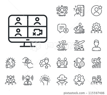 Online training sign. Specialist, doctor and job competition outline icons. Video conference line icon. Team presentation symbol. Video conference line sign. Vector Online training sign. Specialist, doctor and job competition outline icons. Video conference line icon. Team presentation symbol. Video conference line sign. Vector 115597486