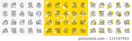 Fraud, Online thief and Steal cash set. Money crime line icons. Phishing robbery, launder money crime and tax offense line icons. Financial evasion, online fraud and wallet cash. Vector Fraud, Online thief and Steal cash set. Money crime line icons. Phishing robbery, launder money crime and tax offense line icons. Financial evasion, online fraud and wallet cash. Vector 115597493