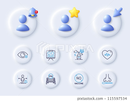 Nasal test, Alcohol addiction and Usa close borders line icons. Placeholder with 3d cursor, bell, star. Pack of Heartbeat, Vision board, Social distance icon. Vector 115597534