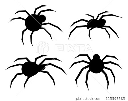 Black widow silhouette set. Silhouettes of spiders icon set on a white background. View of the spider from the side and from above. Design for print, banner and poster. Vector illustration 115597585