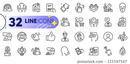 Outline set of Remove team, Fingerprint and Builder warning line icons for web with Cough, Buyer think, Medical mask thin icon. Like, Cursor, Businessman person pictogram icon. Lgbt. Vector Outline set of Remove team, Fingerprint and Builder warning line icons for web with Cough, Buyer think, Medical mask thin icon. Like, Cursor, Businessman person pictogram icon. Lgbt. Vector 115597587