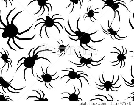 Black widow seamless pattern. Black silhouettes of spiders on a white background. View of the spider from the side and from above. Design for print, banner and poster. Vector illustration 115597588