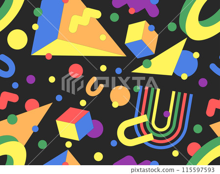 Geometric seamless pattern with memphis elements in 80s style. Colorful geometric pattern. Design of promotional products, wrapping paper and printing. Vector illustration 115597593