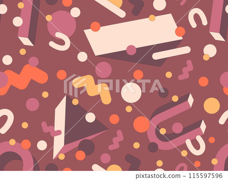 Geometric seamless pattern with memphis elements in 80s style. Colorful geometric pattern. Design of promotional products, wrapping paper and printing. Vector illustration Geometric seamless pattern with memphis elements in 80s style. Colorful geometric pattern. Design of promotional products, wrapping paper and printing. Vector illustration 115597596