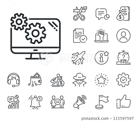 Cogwheel engineering tool sign. Salaryman, gender equality and alert bell outline icons. Settings line icon. Cog gear symbol. Settings line sign. Spy or profile placeholder icon. Vector Cogwheel engineering tool sign. Salaryman, gender equality and alert bell outline icons. Settings line icon. Cog gear symbol. Settings line sign. Spy or profile placeholder icon. Vector 115597597