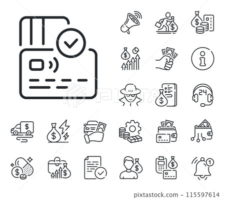 Approved bank money payment sign. Cash money, loan and mortgage outline icons. Credit card line icon. Non-cash pay symbol. Card line sign. Credit card, crypto wallet icon. Vector Approved bank money payment sign. Cash money, loan and mortgage outline icons. Credit card line icon. Non-cash pay symbol. Card line sign. Credit card, crypto wallet icon. Vector 115597614