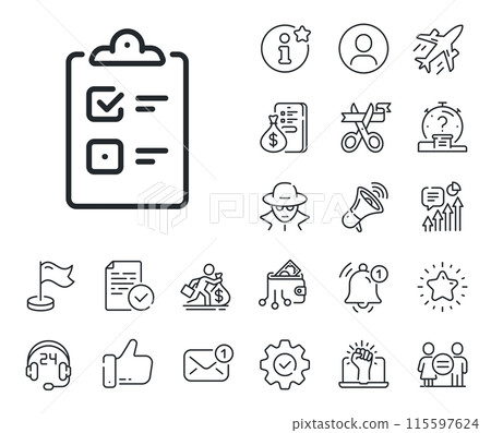 Clipboard document sign. Salaryman, gender equality and alert bell outline icons. Checklist line icon. Questioning survey symbol. Checklist line sign. Spy or profile placeholder icon. Vector 115597624