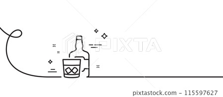 Whiskey glass with ice cubes line icon. Continuous one line with curl. Scotch alcohol sign. Whiskey glass single outline ribbon. Loop curve pattern. Vector Whiskey glass with ice cubes line icon. Continuous one line with curl. Scotch alcohol sign. Whiskey glass single outline ribbon. Loop curve pattern. Vector 115597627