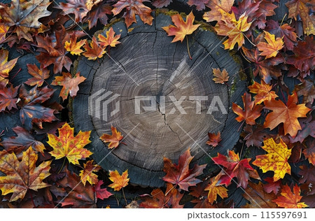Autumn Leaves Surrounding a Tree Stump 115597691
