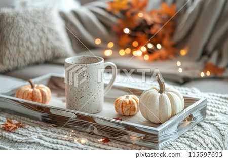Cozy Autumn Afternoon With A Cup Of Tea And Pumpkins Cozy Autumn Afternoon With A Cup Of Tea And Pumpkins 115597693