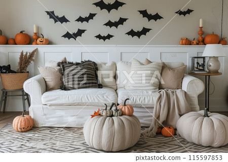 White Sofa Decorated With Pumpkins and Bats for Halloween 115597853