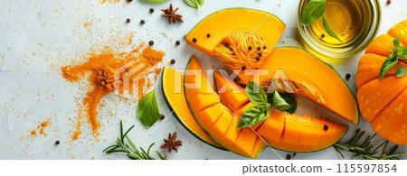 Sliced Butternut Squash With Basil and Spices on a White Surface 115597854