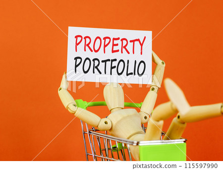 Property portfolio symbol. Concept words Property portfolio on beautiful white paper. Beautiful orange background. Businessman model in pushcart. Business Property portfolio concept. Copy space. 115597990
