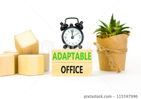 Adaptable office symbol. Concept words Adaptable office on beautiful wooden block. Beautiful white paper background. Black alarm clock. Business Adaptable office concept. Copy space. 115597996
