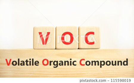 VOC volatile organic compound symbol. Concept words VOC volatile organic compound on beautiful wooden blocks. Beautiful white background. Business VOC volatile organic compound concept. Copy space. VOC volatile organic compound symbol. Concept words VOC volatile organic compound on beautiful wooden blocks. Beautiful white background. Business VOC volatile organic compound concept. Copy space. 115598019