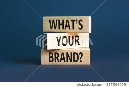 Branding and what is your brand symbol. Concept words What is your brand on beautiful blocks. Beautiful grey table grey background. Business branding what is your brand concept. Copy space. 115598029