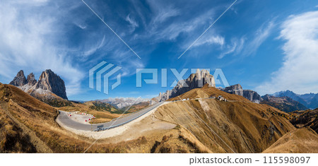 Autumn alpine Dolomites rocky  mountain scene, Sudtirol, Italy. Peaceful view near Sella Pass. 115598097