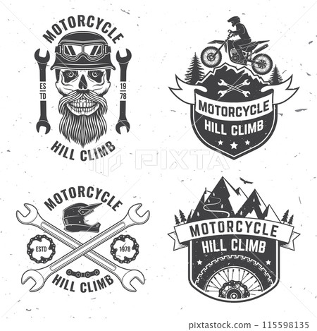 Set of motorcycle hill climb logos, badges, stickers. Vector. Extreme sport with motorcycle helmet, skull, glasses, bike, mountain and wrenches. Monochrome style 115598135