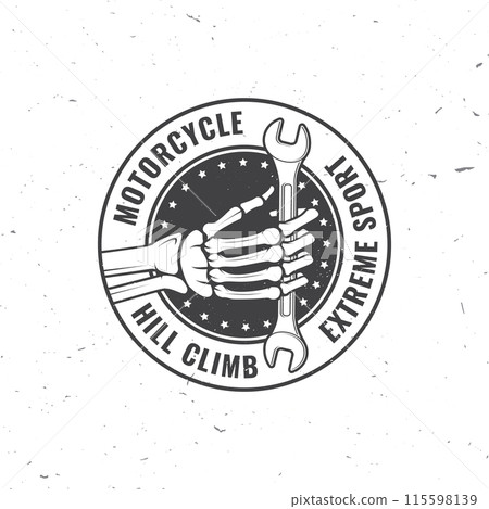 Motorcycle hill climb logo, badge, sticker. Vector. Human skeleton hand holding wrench. Monochrome style 115598139