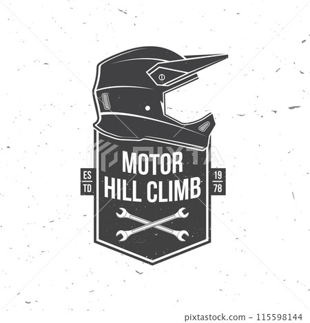 Motorcycle hill climb logo, badge, sticker. Vector illustration. Extreme sport with motorcycle helmet, glasses and wrenches. Monochrome style Motorcycle hill climb logo, badge, sticker. Vector illustration. Extreme sport with motorcycle helmet, glasses and wrenches. Monochrome style 115598144