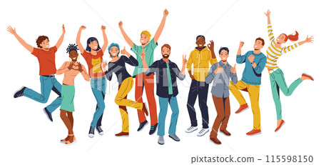 Group of diverse young people jumping in the air together in celebration or joyfulness. Group of diverse young people jumping in the air together in celebration or joyfulness. 115598150