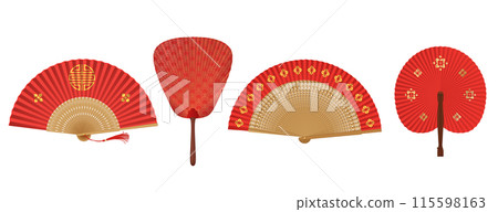 Red Asian fans with golden ornaments realistic set 115598163