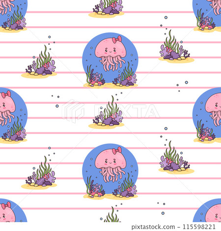 Seamless pattern with jellyfish pink girl with underwater landscape on white striped background. Vector illustration. Cartoon cute undersea character animal. Kids collection 115598221