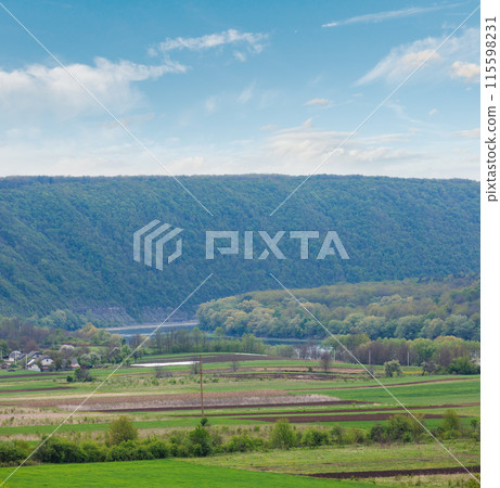 Spring Dnister river and village Spring Dnister river and village 115598231