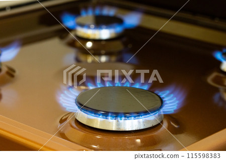 Close up shot of blue fire from domestic kitchen stove top. Gas cooker with burning flames of propane gas. Gas supply chain and news. Global gas crisis 115598383