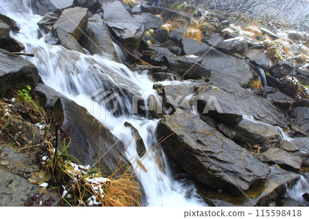 Waterfall flowing among the stones. Water in the mountains 115598418