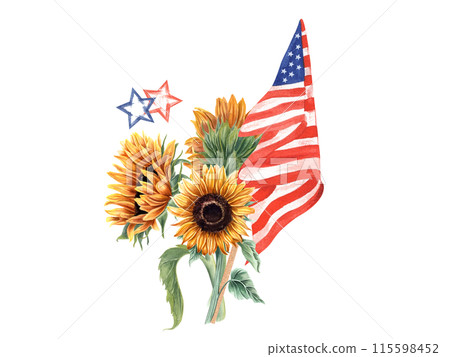 Celebrating Sunflower Bouquet with American Flag and stars. Yellow Flowers and national flag. Watercolor illustration. Fourth of July USA, Memorial day, Veterans day. Holiday event. Patriotic symbol Celebrating Sunflower Bouquet with American Flag and stars. Yellow Flowers and national flag. Watercolor illustration. Fourth of July USA, Memorial day, Veterans day. Holiday event. Patriotic symbol 115598452