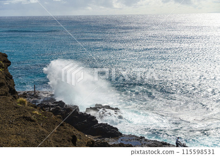 Person on cliff by ocean, with water, sky, beach, and landscape Person on cliff by ocean, with water, sky, beach, and landscape 115598531