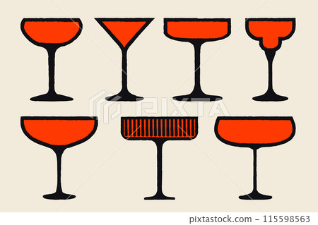 Vector illustration with texture. Silhouette drawing of margarita and tequila glass set Vector illustration with texture. Silhouette drawing of margarita and tequila glass set 115598563