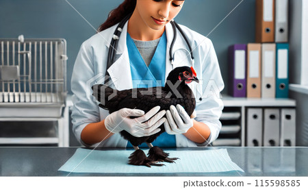 A veterinarian gently examines an Australorp chicken on a table in a veterinary clinic. Focused and caring animal care. 115598585