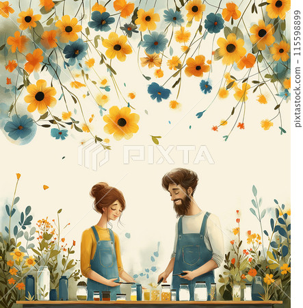 Young couple with flowers. A man and a woman transplanting indoor plants. Gardening and horticulture. Botany and floristics. Indoor comfort and cosiness. Postcard. Banner. For notes. Cartoon illustrat Young couple with flowers. A man and a woman transplanting indoor plants. Gardening and horticulture. Botany and floristics. Indoor comfort and cosiness. Postcard. Banner. For notes. Cartoon illustrat 115598899