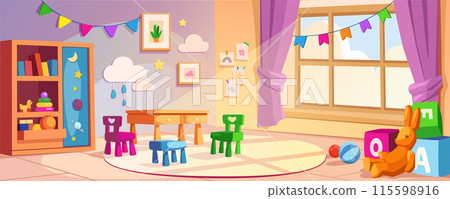 Kindergarten interior background banner for game design. Daycare room with table, child chairs, different toys, book shelf with learning tools, window, garlands, other. Vector cartoon illustration 115598916