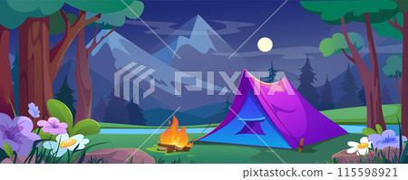 Camping tent in night forest background banner for game design. Backpacking campground at meadow with wildflowers by lake in dark wood with moon in sky and mountains view. Vector cartoon illustration Camping tent in night forest background banner for game design. Backpacking campground at meadow with wildflowers by lake in dark wood with moon in sky and mountains view. Vector cartoon illustration 115598921