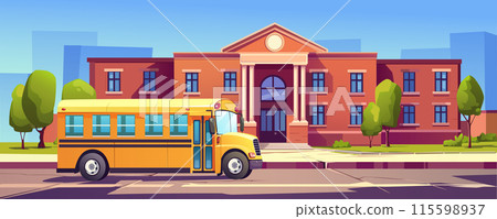School cityscape with yellow bus background banner for game design. Highschool exterior building with entrance and windows, students transport at city street with trees. Vector cartoon illustration 115598937