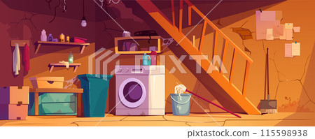 Basement room interior background banner for game design. Abandoned cellar with wooden broken staircase, old laundry machine, boxes and shelves, cracked walls with cobweb. Vector cartoon illustration 115598938