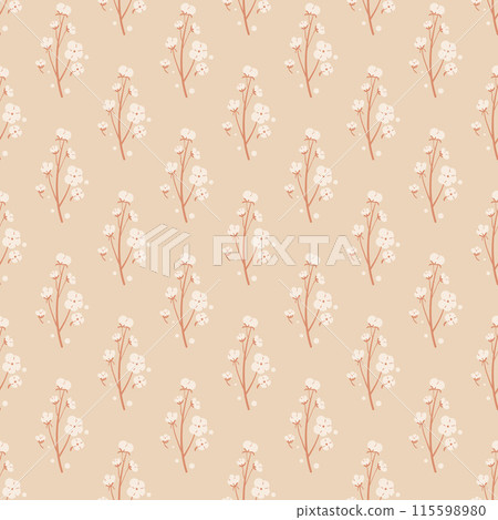 Cotton branch seamless pattern. Plant of cotton with bolls endless background. Organic plant repeat cover. Soft fabric symbols loop ornament tile. Vector simple hand drawn illustration 115598980