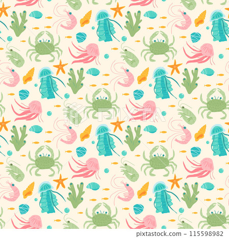 Vibrant underwater world seamless pattern filled with colorful marine life. Green crabs, pink jellyfish, starfish and more against a pastel endless background. Vector hand drawn flat illustration. Vibrant underwater world seamless pattern filled with colorful marine life. Green crabs, pink jellyfish, starfish and more against a pastel endless background. Vector hand drawn flat illustration. 115598982