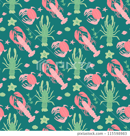 Crustaceans seamless pattern. Underwater world endless background. Lobster, crabs and crawfish repeat cover. Vector hand drawn flat illustration. 115598983