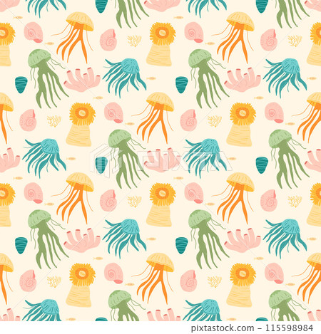 Aquatic Invertebrates seamless pattern. Jellyfishes, sea anemone and others endless background. Vector hand drawn flat illustration. 115598984