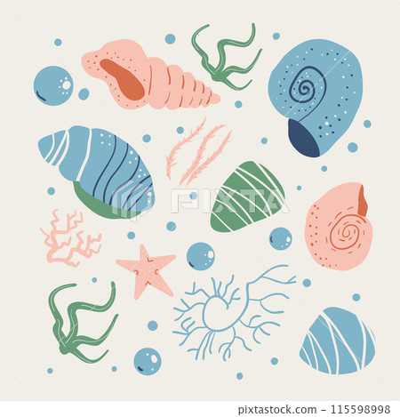 Gentle, pastel-colored depiction of seashells, a starfish, seaweed, coral, and bubbles, offering a whimsical look at underwater life. Set of Vector hand drawn flat illustration. Gentle, pastel-colored depiction of seashells, a starfish, seaweed, coral, and bubbles, offering a whimsical look at underwater life. Set of Vector hand drawn flat illustration. 115598998